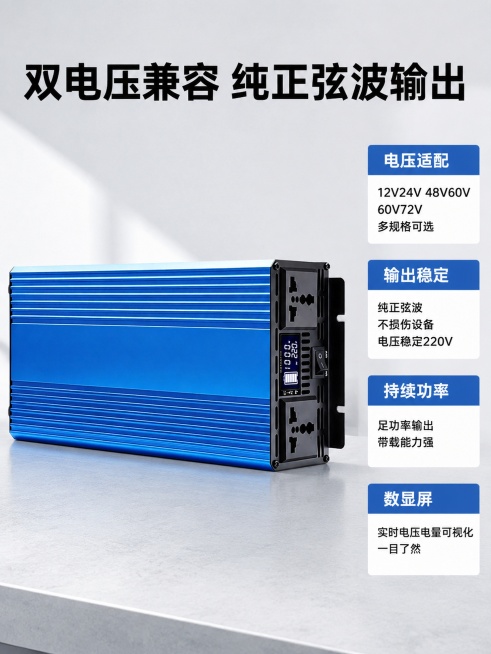 [主图2]纯正弦波逆变器核心参数与卖点展示。保持蓝色逆变器正面外观与输入产品图绝对一致，杜绝任何变形和色差，精细化处理。浅灰色专业工作台背景，产品居中放置，右侧为竖排参数区，左侧产品大图。强调双电压兼预览效果