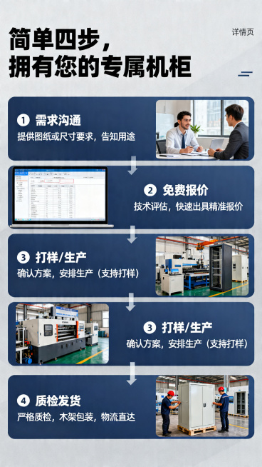电商详情页板块，标题"简单四步，拥有您的专属机柜"，分四步展示定制流程：1.需求沟通：提供图纸或尺寸要求，告知用途。2.免费报价：技术评估，快速出具精准报价。3.打样/生产：确认方案，安排生产（支持打预览效果