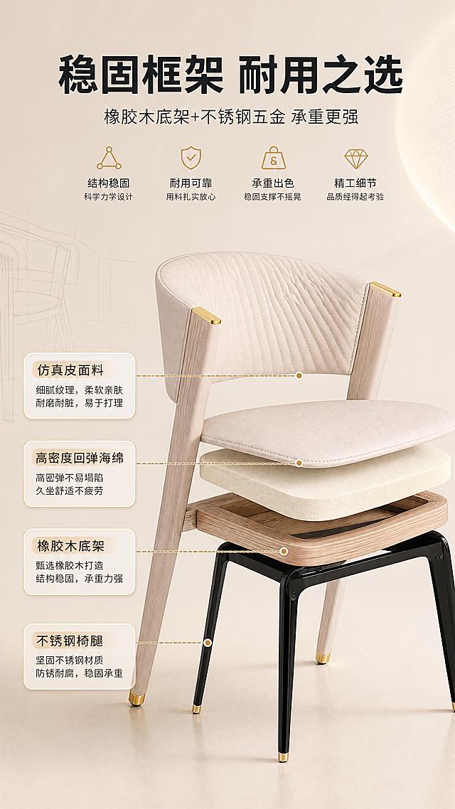 [商品] 使用【图1】DY-8846餐椅；保留米白色仿真皮面料、竖向纹理靠背、弧形靠背造型、金色金属装饰件、黑色金属椅腿、金色脚套、橡胶木扶手支架的整体结构、颜色和材质比例；商品处理：增强皮革纹理质感、金属件光泽与缝线细节，不改变产品造型与结构。
[画面] 目标：结构框架解析，展示橡胶木底架与不锈钢五金的稳固结构。构图：上文下结构示意，顶部文案区，下方餐椅结构分层示意。主体：餐椅侧视角度，叠加虚线分层标注，展示面料层、海绵层、实木框架层、金属椅腿，产品占画面约70%。背景：浅米色渐变背景，搭配结构线稿元素。前中后景：前景结构标注、中景产品主体、后景渐变光效。
[视觉] 套系策略：风格=现代轻奢意式极简商业摄影；标题字=现代无衬线粗体（思源黑体Heavy）；正文字=简洁无衬线体（思源黑体Regular）；主色=米杏色；背景延展=基于米杏色做深浅层级、同色渐变和细腻哑光质感；强调色=香槟金，仅用于小面积图标、引线、标签和装饰线条；标题色=深炭灰；正文色=中暖灰；组件=圆角浅底信息卡、细线引线、金色点缀图标；光影=左前侧暖柔光，柔和自然阴影。
[文字] 顶部主标题「稳固框架 耐用之选」（8字），副标题「橡胶木底架+不锈钢五金 承重更强」（16字），下方4个结构标注引线：「仿真皮面料」「高密度回弹海绵」「橡胶木底架」「不锈钢椅腿」，每层配短说明。
[规格] 图片比例9:16竖版，4K分辨率，负向提示：避免变形、错字、文字过小、冷蓝背景、产品颜色改变、结构失真、极限词。