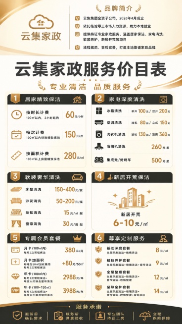 基于用户提供的家政价目表海报，在海报上方添加品牌简介内容：
"云集家政
云集集团全资子公司，2026年4月成立
依托临沧零工市场人力资源，助力本地就业
提供持证专业家政服务，涵盖居家保洁、家电清洗、软预览效果