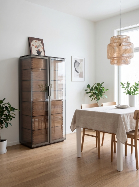 保留图中的玻璃双开门展示柜，将背景替换为简约北欧风格的餐厅场景，整体风格高级干净，画面清晰有质感，产品突出，光线自然舒适预览效果