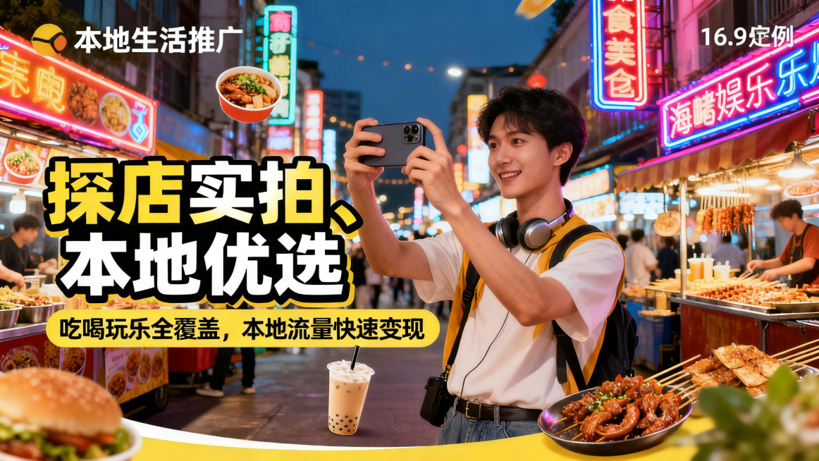 制作16:9比例的本地生活推广海报，主标题“探店实拍、本地优选”，副标题“吃喝玩乐全覆盖，本地流量快速变现”，背景是热闹美食商业街，有年轻博主探店拍摄的人物形象，点缀美食娱乐元素，主副标题分明，明快活预览效果
