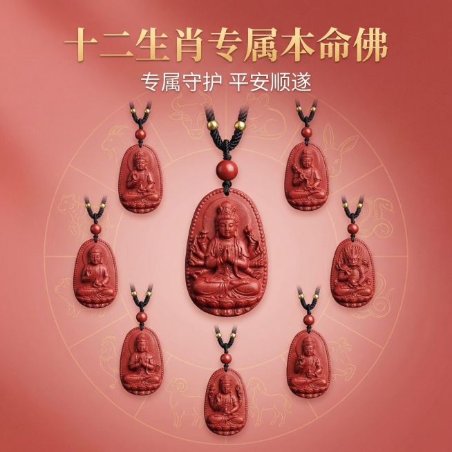 严格还原上传的朱砂本命佛吊坠产品图，包括红色朱砂材质、本命佛雕刻图案、黑色编织配绳、顶部朱砂珠和装饰细节，产品外观必须与参考图完全一致，不得改变吊坠的设计、配色方案或品牌元素，保持产品的真实哑光朱砂质预览效果