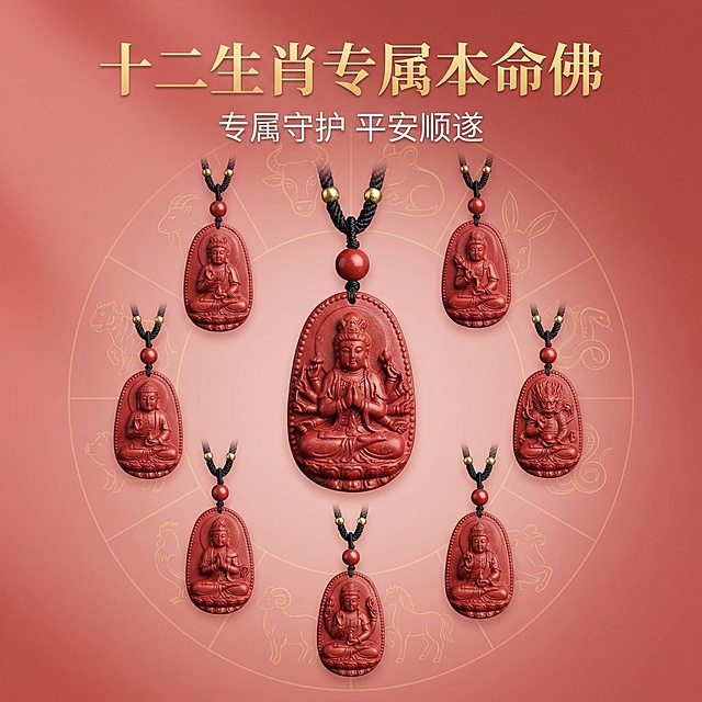 严格还原上传的朱砂本命佛吊坠产品图，包括红色朱砂材质、本命佛雕刻图案、黑色编织配绳、顶部朱砂珠和装饰细节，产品外观必须与参考图完全一致，不得改变吊坠的设计、配色方案或品牌元素，保持产品的真实哑光朱砂质感。1:1竖版画面，背景为浅朱砂红色，带有淡金色十二生肖轮廓纹理，画面上方主标题“十二生肖专属本命佛”（金色加粗字体，居中），副标题“专属守护 平安顺遂”（白色字体，在主标题下方），产品放置在画面中央，周围环绕缩小的不同生肖本命佛吊坠（鼠-千手观音、牛虎-虚空藏菩萨等），呈圆形排列，杂志式精致排版，突出专属卖点，风格统一高级。避免生肖吊坠样式错误，主吊坠变形，颜色偏差，配绳样式改变，文字排版混乱，背景纹理杂乱，产品比例失调，塑料质感，反光过强，多余杂物，非中式风格，卡通元素，文字颜色不清晰，生肖排列混乱，字体样式不统一，画面割裂感强。