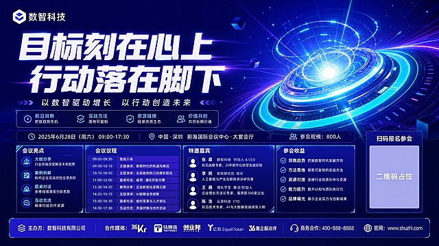 以参考图中第2张（右上角科技光环款）深蓝紫科技海报模板为版式骨架，输出单张横向16:9独立海报，不要输出四宫格拼图。删除原模板中所有原有文字，全部替换为本次文案。成品画面：左侧大标题区两行主标语「目标刻在心上」「行动落在脚下」，粗体无衬线艺术字，白色发光渐变；左上角公司名「数智科技」；右侧与背景为深蓝紫渐变空间，中央亮白色光源，青色环形能量装置悬浮其中，环带发光并带有流动粒子与光束，形成科技隧道纵深；版式分区、文字层级、留白节奏与参考图一致；版式精美，超高清。画面中所有信息区域、套餐卡片、价格表格、权益列表、对比模块、福利条目、课程大纲、议程、嘉宾介绍区等必须填充完整合理的内容，不得出现空白框、空白占位、横线待填写区域、空列表项、空单元格，确保是完整可用的成品海报而非待填写模板。画面中所有二维码区域使用纯色方块占位符呈现，方块中央标注“二维码占位”文字，严禁生成任何可识别的二维码图案。