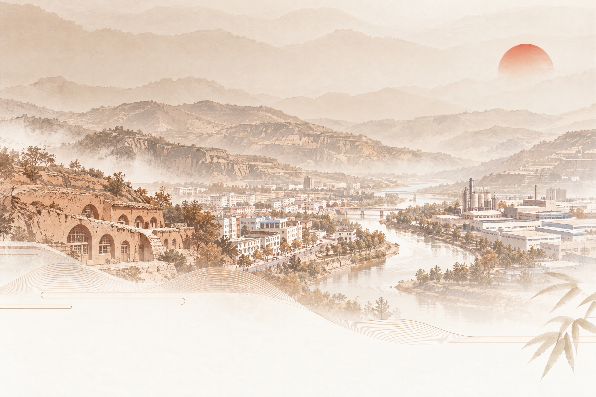 参考图中的新中式淡雅风格：暖棕褐色调、水墨质感远山、半透明叠层… - 图片创意预览