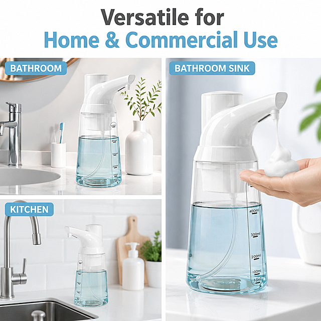Amazon listing infographic - multi-scene application. Theme: Perfect for Every Room. Split composition showing 3 different usage scenes: Top-left: Bathroom scene with dispenser on white vanity counter, toothbrush and small plant in background, clean modern bathroom. Bottom-left: Kitchen scene with dispenser near stainless steel sink, dish soap context, clean kitchen counter. Right side: Large product hero shot of the foam soap dispenser with hand receiving foam, demonstrating touchless operation. Text overlays: "BATHROOM", "KITCHEN", "BATHROOM SINK" labels on each scene area. Top title: "Versatile for Home & Commercial Use". Keep product appearance identical to input image. Bright natural lighting, clean and fresh aesthetic, consistent white and light blue color scheme. All text in English. 1:1 ratio, ultra HD. Negative: deformed hand, Chinese text, blurry, watermark, cluttered scenes.