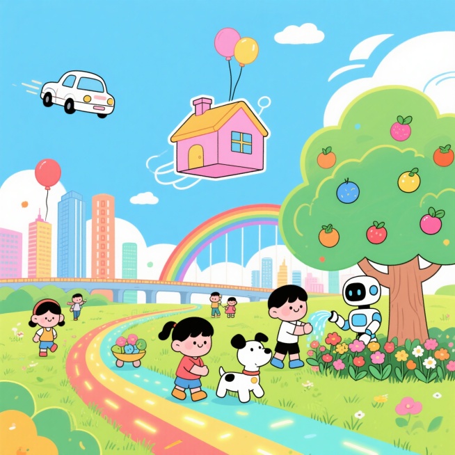 一年级小朋友眼中的未来中国，画面丰富简单易懂，蓝天白云下，有会飞的粉色小房子，绿色的大树上结满彩色果实，机器人在帮助人们浇花，小朋友们在草地上和机器狗一起玩耍，远处有长长的彩虹桥连接着高楼大厦，天空中预览效果