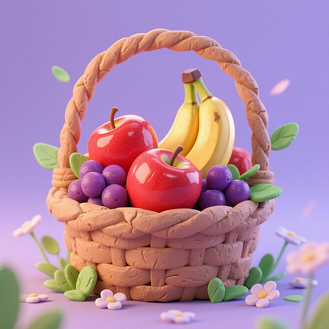 软3D风水果篮，梦幻清新，甜美色彩，点缀小花，春日氛围。