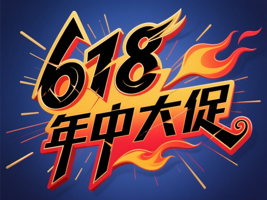 “618年中大促”艺术字设计，保持原有的动态倾斜排版、笔画断裂效果和放射状线条装饰元素，将纯黑色调改为鲜艳的红色与黄色渐变填充，字体边缘添加金色描边，整体造型在保留识别度的基础上增加笔画末端的火焰状卷曲设计，背景采用深蓝色渐变底色，文字与背景形成强烈色彩对比，维持促销活动主题的视觉冲击力与信息传达效率。预览效果