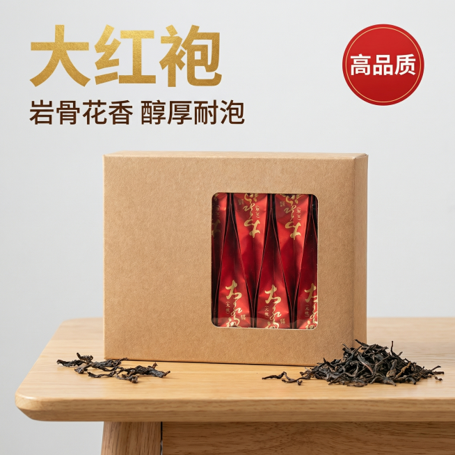 [主图 1 大红袍茶叶首图]，主图主题：高品质大红袍茶叶，氛围风格：现代简约，自然淡雅氛围感，画面元素：牛皮纸开窗礼盒搭配独立红色泡袋居中放置在浅原木色茶桌上，干茶叶散落在旁边，背景为干净浅灰色墙面，预览效果