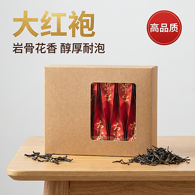 [主图 1 大红袍茶叶首图]，主图主题：高品质大红袍茶叶，氛围风格：现代简约，自然淡雅氛围感，画面元素：牛皮纸开窗礼盒搭配独立红色泡袋居中放置在浅原木色茶桌上，干茶叶散落在旁边，背景为干净浅灰色墙面，自然柔和光线，突出产品质感，产品主体完整居中，占比约60%。配色色系：主色调：红金（包装）+牛皮纸棕（礼盒）；辅助色：浅木色（茶桌）浅灰（背景）。视角构图：正面平视，景深适中。文字版式：主标题“大红袍”大字放在左上角，字体为无衬线粗体，烫金色。副标题“岩骨花香 醇厚耐泡”字号为副标题大小，放在主标题下方，深棕色。右上角圆形红色标签“高品质”白色字体。整体构图平衡，文字不遮挡产品主体。比例分辨率：2k分辨率