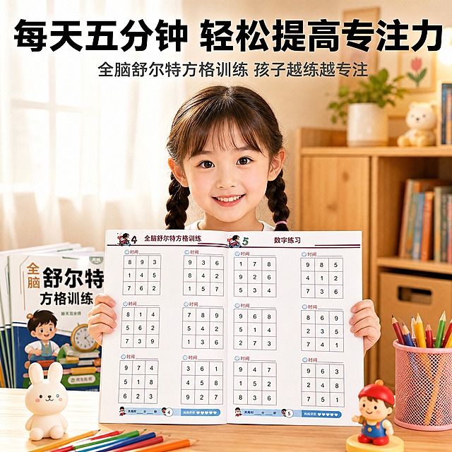 [单张主图] 全脑舒尔特方格训练练习册，爆款促销感主图，参考图2的版式复刻，目标是3秒内传达产品身份与核心卖点，提升点击和转化。

[参考比对] 参考图2的版式特征：顶部大标题+副标题两行文字，主标题超大加粗居中，副标题稍小居中；画面中部偏下为产品主体，由一个小女孩双手捧着展示；背景为温馨明亮的居家书房场景，有木质家具、窗帘、桌面文具等；整体色调温暖明亮，人物微笑看镜头，产品在胸前位置清晰展示。本次生成沿用该版式结构：顶部大标题区、中部人物持产品、底部桌面场景，只替换产品为舒尔特方格训练册，文案替换为专注力训练相关内容。

[画面主体] 画面中心偏下位置，一个6-8岁的可爱小女孩，扎双麻花辫，穿白色短袖上衣，面带微笑看向镜头，双手捧着一本打开的舒尔特方格训练练习册，练习册平举在胸前位置，占画面约45%-55%。练习册外观必须与输入产品图完全一致：内页展示数字方格训练内容，每页有多个3x3的数字方格，左上角有卡通小男孩图标和"时间"字样，页面顶部有"全脑舒尔特方格训练"红色标题字样，页码为4和5，底部有"共用时 分 秒"和"妈妈评价"爱心图标。练习册纸张为白色，印刷清晰，数字为黑色手写体风格。背景中还可以看到几本叠放的同款练习册封面，露出"舒尔特方格"大字标题。

[构图版式] 采用参考图2的"顶部大标题+中部人物持产品+底部场景"版式，属于顶部大标题型变体。顶部约25%区域为文字标题区，中部约55%为人物和产品主体区，底部约20%为桌面场景和装饰。人物居中偏下，产品在人物手中清晰展示，不被文字遮挡。

[场景元素] 背景为温馨明亮的儿童书房或卧室场景：右侧有浅木色柜子，上面放着小盆栽和装饰摆件；左侧有白色窗帘透进柔和自然光；底部是木质桌面，桌面上散落着彩色铅笔、小玩偶、铅笔筒等儿童文具小道具，增加生活气息。整体场景虚化处理，突出人物和产品主体。

[文案版式] 顶部居中放置两行大字：
第一行主标题（超大粗黑体，黑色）："每天五分钟 轻松提高专注力"
第二行副标题（中号字体，深灰色）："全脑舒尔特方格训练 孩子越练越专注"
文字清晰醒目，与背景形成强对比，不遮挡人物脸部和产品主体。

[光影质感] 商业儿童摄影质感，主光从左前方45度打来，柔和均匀，人物面部光线明亮自然，产品页面有轻微反光体现纸张质感，阴影柔和不生硬。整体画面明亮通透，色彩饱和度适中，温馨治愈。

[配色字体] 主色调：暖白色+木色+浅橙色，温馨明亮儿童风；强调色：红色（标题重点词）、蓝色（辅助装饰）；字体：粗黑体，主标题最大最粗，副标题缩小约50%，层级分明。

[比例分辨率] 1:1正方形，2K分辨率，文字清晰可辨，产品细节清楚。

[负向提示词] 练习册内容变形、数字错误、页码错误、文字模糊、错字、水印、平台logo、人物面部扭曲、手指畸形、穿模、悬浮、产品与手接触不自然、背景杂乱、过度锐化、廉价感、暗部死黑、高光过曝。