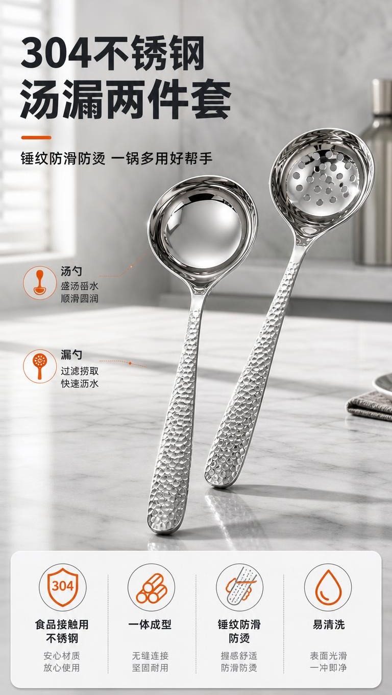 [商品] 使用【图1】中的304不锈钢锤纹汤勺和漏勺；保留勺头… - 图片创意预览