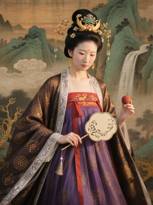 暮色初染，暖棕红渐变的天光如沉香浸透绢帛，自上而下晕染出层层叠叠的云气与远山轮廓——那是以唐代青绿山水为骨、工笔细描为魂的背景：层峦隐于薄霭，飞瀑垂练若隐若现，祥云卷曲如篆，其间暗藏金粉勾勒的唐草纹样预览效果