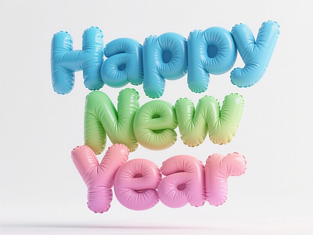 'Happy New Year' 立体字，悬浮在半空中，一个词一个色，色彩分别为蓝、绿、粉，上下渐变效果，充气膨胀的布料质感，圆润造型，白色背景