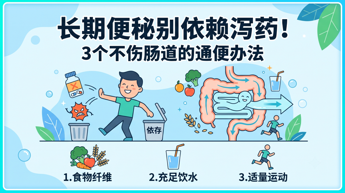 科普动画片头图片，二维扁平插画风格，主标题文字“长期便秘别依赖泻药！”，副标题文字“3个不伤肠道的通便办法”，肠道健康健康科普主题，干净清晰适用于万彩动画大师，扁平化设计，明亮干净的配色预览效果