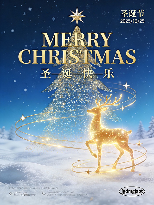 梦幻鎏金圣诞树与发光鹿影交织，3D粒子光影营造奢华温馨氛围，轻拟物风插画呈现虚拟自然中的喜庆节日场景。
