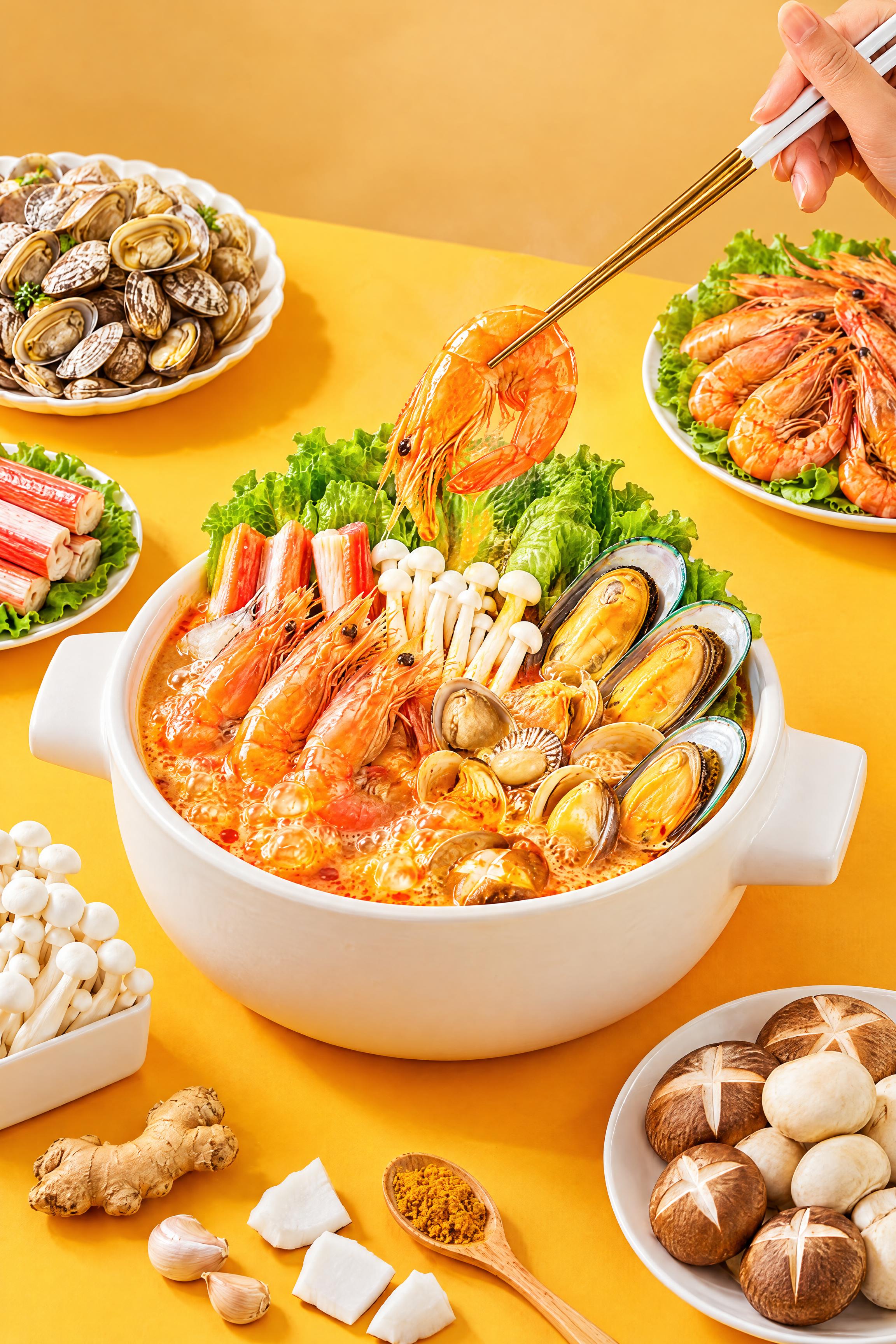 参考图的美食摄影风格，重新生成画面内容：暖黄色背景，明亮暖调美… - 图片创意预览