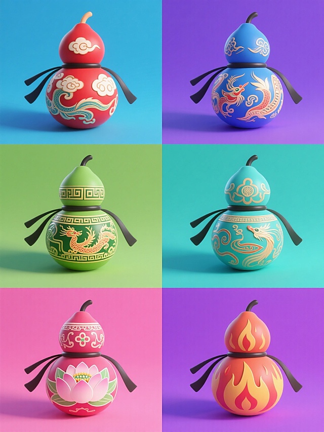 一系列六个不同纹样的中国风双葫芦法器插画，保持原有的卡通渲染风格、圆润造型和黑色飘带细节，每个葫芦具有独特的传统花纹（如云纹、回纹、龙纹、凤纹、莲花纹、火焰纹），分别采用红、蓝、绿、紫、粉、青六种纯色背景，整体色彩协调统一，规整排列成2x3网格布局，每个葫芦保持相同的光影效果和立体感，细节精致，线条流畅，适合作为系列素材使用。