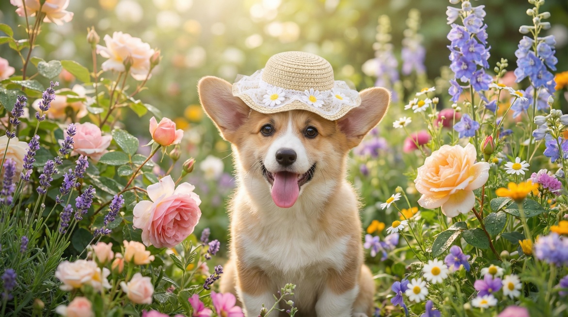 A cute corgi wearing the straw hat with white lace and daisies, in a garden full of fresh flowers, s预览效果