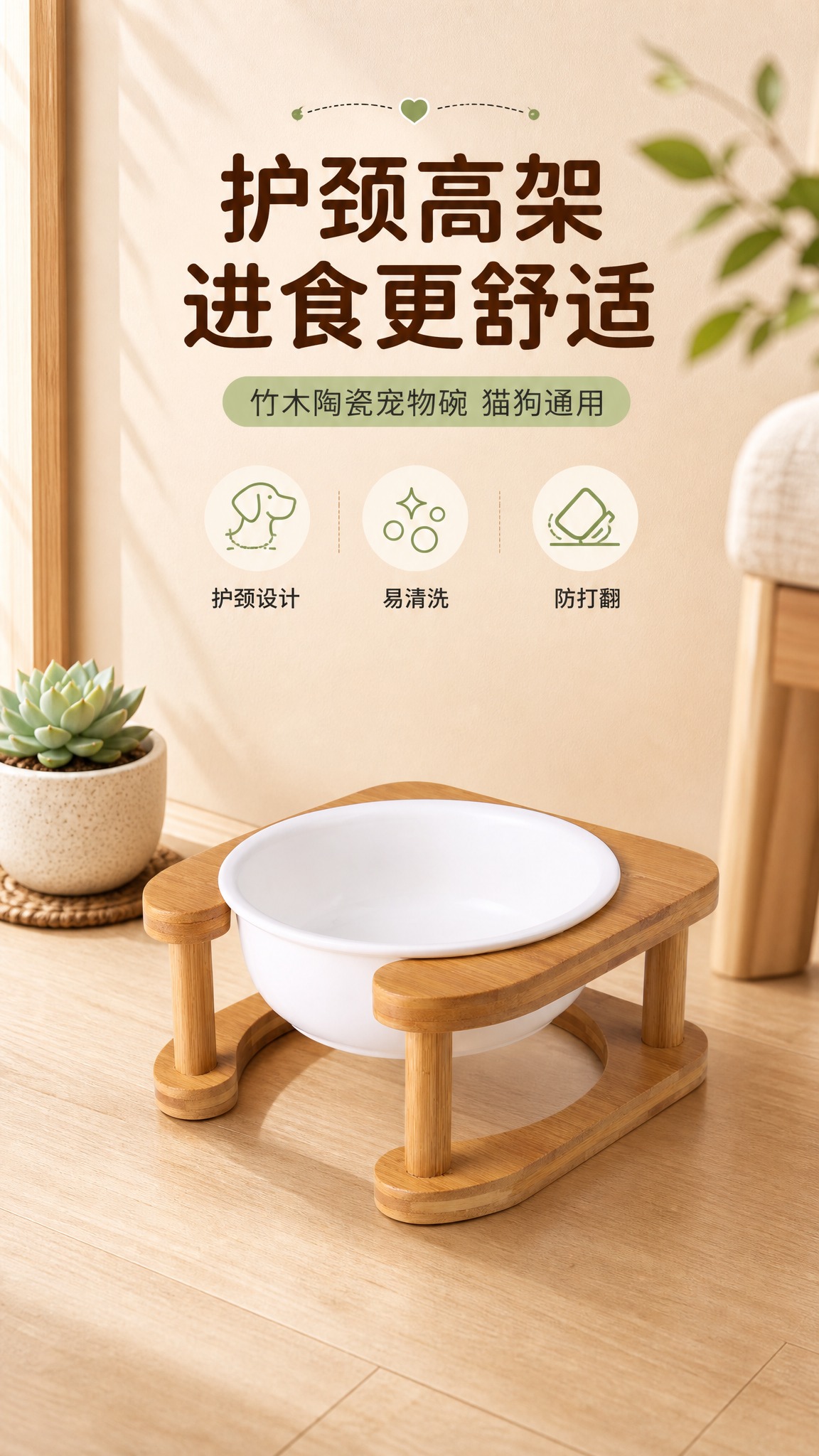 [商品] 使用【图1】竹木架陶瓷宠物碗；保留白色圆形陶瓷碗、竹… - 图片创意预览