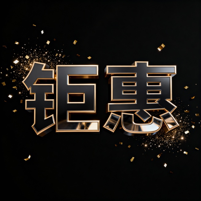 3D立体字设计，主标题“钜惠”字体厚重立体结构，深金属质感字面，香槟金描边，局部镜面反光，营造高端奢华氛围。字周围漂浮细碎金粉和粒子光点，整体构图居中对称，背景为纯黑色，画面干净现代，充满节日活力与高预览效果