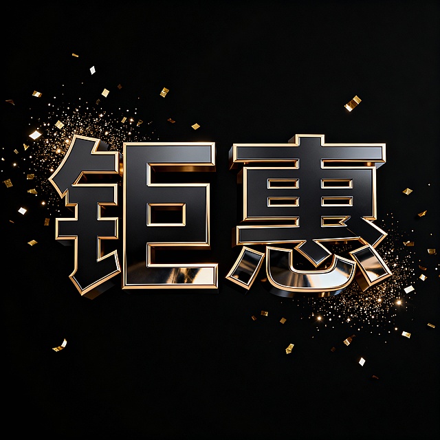 3D立体字设计，主标题“钜惠”字体厚重立体结构，深金属质感字面，香槟金描边，局部镜面反光，营造高端奢华氛围。字周围漂浮细碎金粉和粒子光点，整体构图居中对称，背景为纯黑色，画面干净现代，充满节日活力与高级质感。
