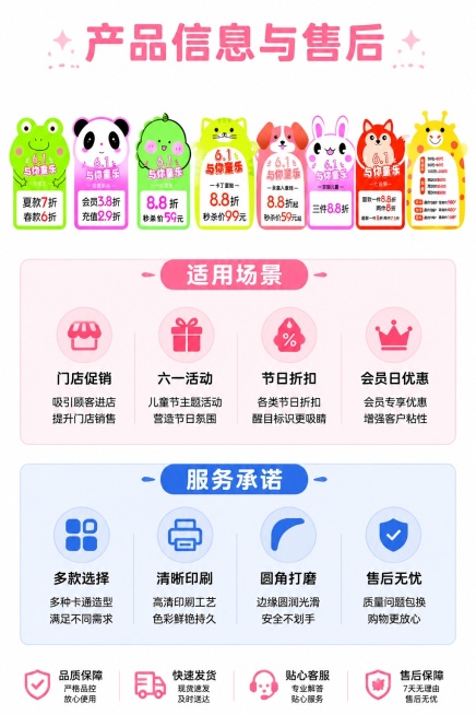 [第8屏] 产品信息与售后保障屏，介绍卡通折扣标识适用场景与服务承诺。本屏使用【图1】产品参考。
[氛围/风格] 清晰正式风格，信息排版明了，符合拼多多平台信息呈现习惯。
[元素布局] 页面顶部放置小预览效果