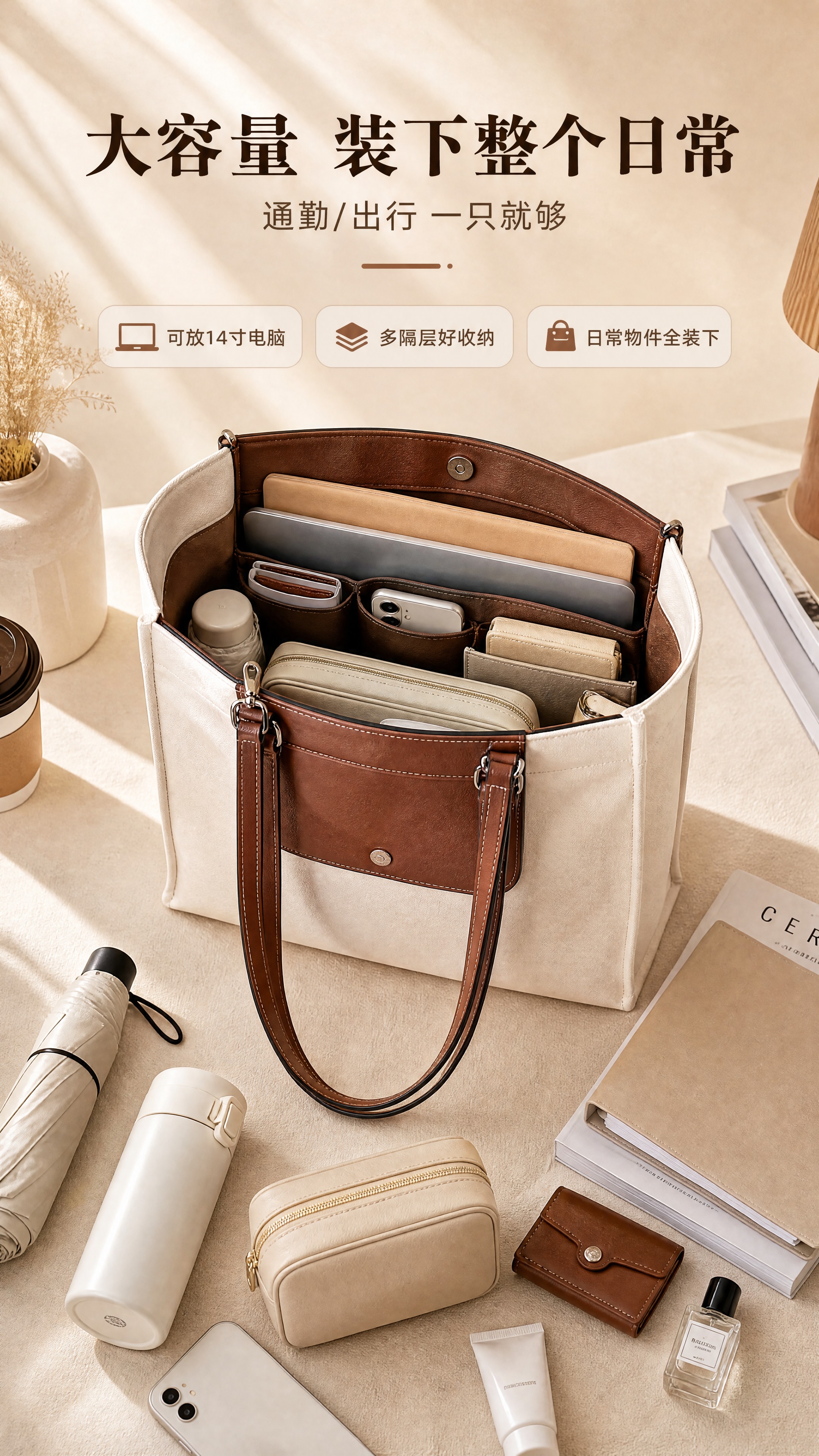 [商品] 使用【图1】米白帆布配棕色皮质撞色托特包；保留包身方… - 图片创意预览