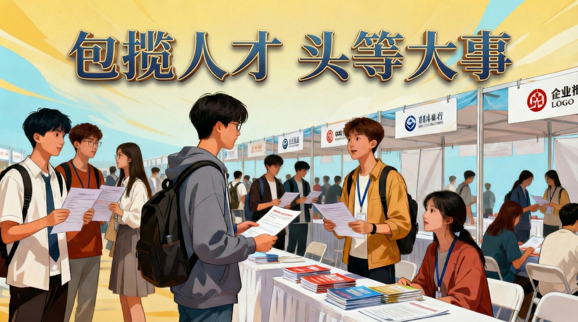 将画面上方的“包揽人才 头等大事”文字改为简洁稳重的艺术字，避免夸张设计，保持画面其他元素不变预览效果