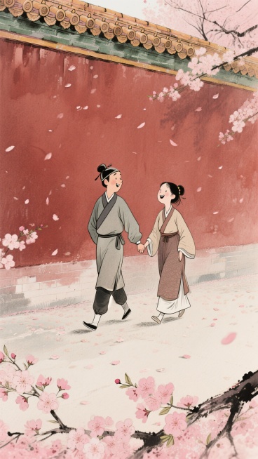 正面，远景，暗红色宫墙背景，人物身穿古代服饰，一个男子拉着一个女子嬉笑，暖色调浪漫感氛围，桃花点缀预览效果
