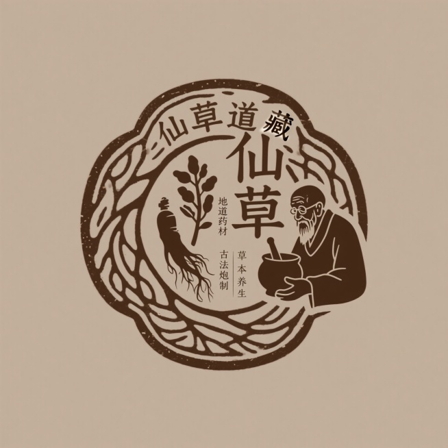古朴仿篆书风格徽章标志，主体为“仙草道藏”四字，笔画如药材脉络蜿蜒，中心复古图章内嵌人参和石斛剪影，右侧叠加手捧药罐、面容慈祥的老药师侧影，小字“地道药材 古法炮制”“悬壶济世”“草本养生”错落排版，预览效果