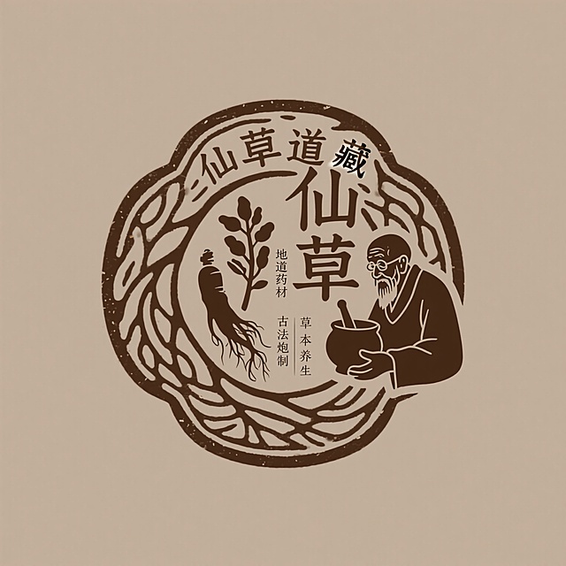 古朴仿篆书风格徽章标志，主体为“仙草道藏”四字，笔画如药材脉络蜿蜒，中心复古图章内嵌人参和石斛剪影，右侧叠加手捧药罐、面容慈祥的老药师侧影，小字“地道药材 古法炮制”“悬壶济世”“草本养生”错落排版，保留篆书对称美感，深咖色为主色调，纯色背景，极简主义高级禅意，极致清晰度