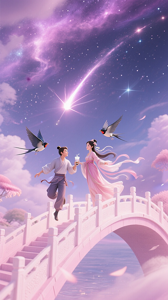 粉紫色星云背景，流星划过天空，粉白色桥在半空中，2只喜鹊在桥上飞舞，牛郎织女拿着奶茶飞从桥上飞下