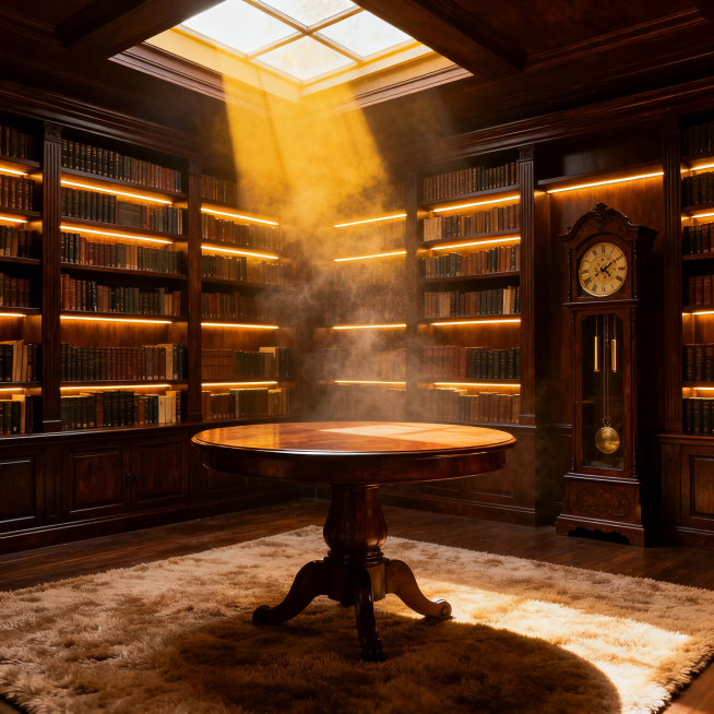 沉浸式温暖风图书馆内景，圆形实木书桌搭配松软地毯，背景整墙深色胡桃木书架布满书籍，书架间有嵌入式暖光灯带，墙角放着复古落地钟，暖黄光线从天窗漫下，空气中带着慵懒尘埃，满是书香温暖氛围感，细节丰富预览效果