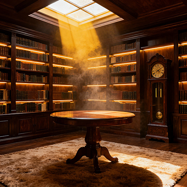 沉浸式温暖风图书馆内景，圆形实木书桌搭配松软地毯，背景整墙深色胡桃木书架布满书籍，书架间有嵌入式暖光灯带，墙角放着复古落地钟，暖黄光线从天窗漫下，空气中带着慵懒尘埃，满是书香温暖氛围感，细节丰富