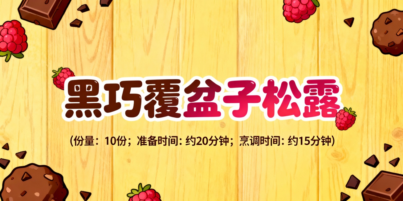 设计几个艺术字，颜色适合放在木黄色调插画底图上，字体活泼可爱，第一排字的内容是黑巧覆盆子松露；第二排字比第一排小五倍，内容是（份量：10份；准备时间: 约20分钟；烹调时间: 约15分钟）预览效果