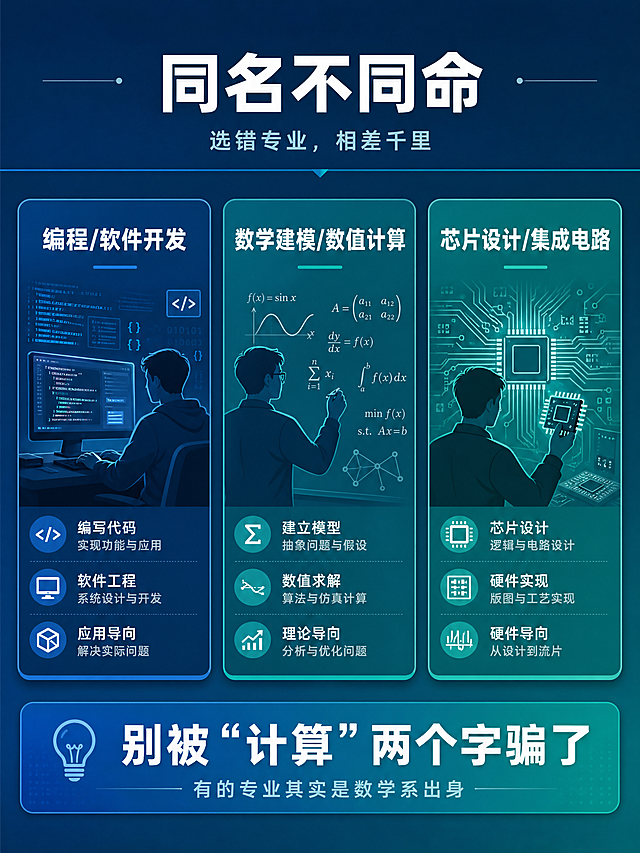一张横向对比科普插画，风格和色调与参考图一致，使用深蓝色到青绿色的渐变背景，采用现代简约信息图设计。画面并排三个人物剪影：第一个人面前是电脑屏幕，屏幕上代码滚动，标注文字"编程/软件开发"；第二个人面前是一块黑板，写满数学公式和算法，标注文字"数学建模/数值计算"；第三个人手持一块芯片和电路板，背景为微电子图案，标注文字"芯片设计/集成电路"。三人上方有大标题"同名不同命"，下方有小字"选错专业，相差千里"，图片底部标注小字"别被'计算'两个字骗了：有的专业其实是数学系出身"