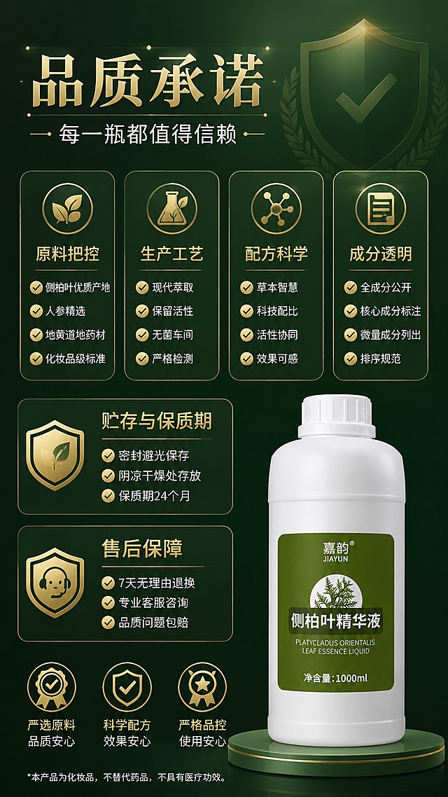 [第8张] 详情页品质保障篇-每一瓶都值得信赖。本张使用【图1】作为商品主体小图展示。
[氛围/风格] 信任背书风，专业严谨，品质感，安心可靠。
[元素布局] 顶部标题区，中部品质保障四大模块横向分栏或纵向排列：原料把控、生产工艺、配方科学、成分透明；下方贮存与保质期+售后保障两栏；右侧或底部产品瓶身小图，瓶身与输入图一致；背景为深蓝绿渐变，有盾牌、徽章等信任元素。
[光影质感] 均匀柔光，信息模块有边框和投影，品质徽章有金属光泽，整体稳重可信。
[配色色系] 全局底色 #1F3A14 深墨绿渐变；主色 #C9A961 金色；辅助色 #FFFFFF 白色文字、深绿卡片。
[视角构图] 竖版信息图布局，阅读动线从上到下：标题 → 四大品质模块 → 贮存售后 → 产品小图。
[文字版式] 顶部大标题「品质承诺」，副标题「每一瓶都值得信赖」；四大品质模块各配图标+4个勾选小点：「原料把控」（侧柏叶优质产地、人参精选、地黄道地药材、化妆品级标准）、「生产工艺」（现代萃取、保留活性、无菌车间、严格检测）、「配方科学」（草本智慧、科技配比、活性协同、效果可感）、「成分透明」（全成分公开、核心成分标注、微量成分列出、排序规范）；下方「贮存与保质期」+「售后保障」各3小点。
[比例分辨率] 9:16 竖版比例，4K 分辨率，文字清晰可辨，高清画质。
[负向提示词] 产品变形，文字错乱，文字过小，水印，颜色偏差，虚假认证标识。