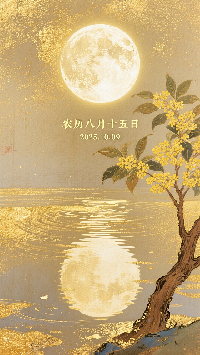 工笔细腻绘月下桂影，鎏金岩彩晕染静谧秋夜，古典雅致中透出东方诗意，中秋佳节的唯美元素与优雅意境完美交融。