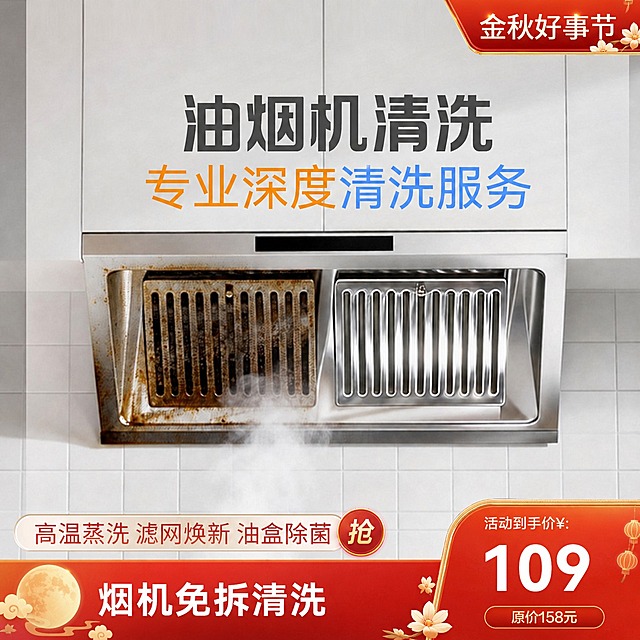 基于原图进行局部修改，将所有绿色底框（右上角标签、底部左侧烟机免拆清洗条、右下角价格框）替换为中秋风格，其余内容（产品图、文字内容、价格数字109、主标题等）保持不变。

中秋风格具体要求：
- 右上角标签：绿色底换成橘红色/朱砂红渐变底，加一点金色细描边，节日感强
- 底部左侧「烟机免拆清洗」绿色条：换成暖橘红到深红的渐变底，与右上角风格统一
- 右下角价格框：绿色底换成橘红色渐变底，加金色细边框点缀，价格数字109保持白色醒目
- 整体配色统一为中秋暖色调（橘红、朱砂红、金色点缀），与厨房场景图协调
- 所有文字内容保持不变：「金秋好事节」「烟机免拆清洗」「活动到手价¥」「109」「原价158元」「高温蒸洗 滤网焕新 油盒除菌」等全部保留
- 中间的「抢」字圆形按钮也从橙红调整为更有中秋感的朱砂红+金边

其余产品图、主标题、蒸汽效果等均保持原样不动。