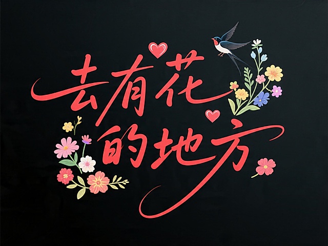 文字“去有花的地方”，文字穿插点缀爱融合爱心、喜鹊、花朵等元素、花朵要丰富一些，温馨高级感，简洁、 黑底红字。