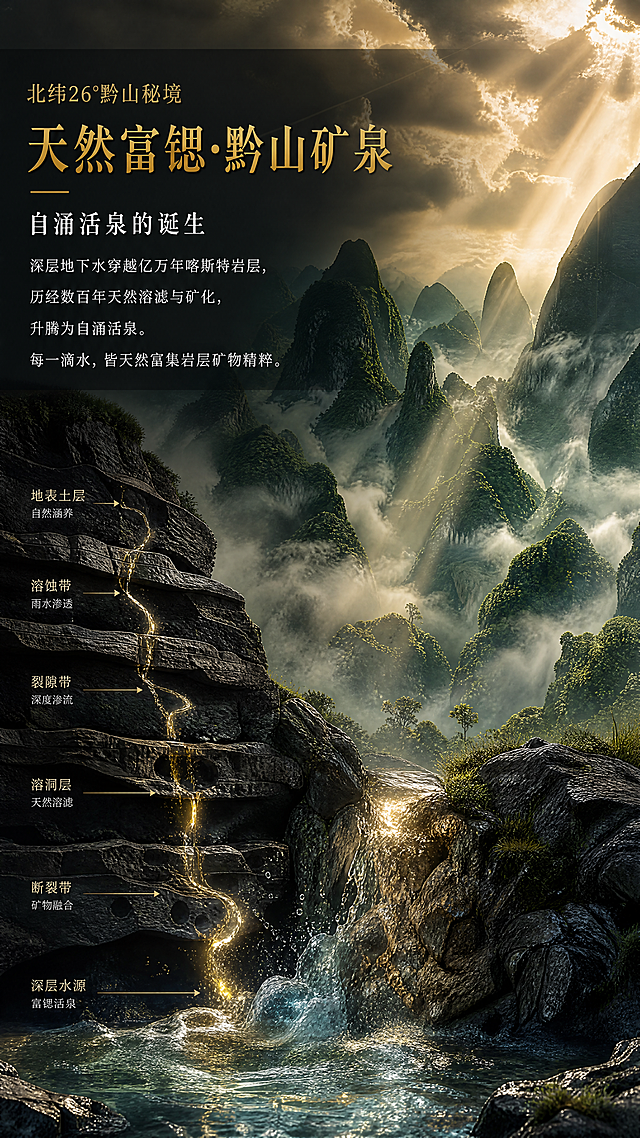 [第2屏 水源故事] 贵州泉饮用天然矿泉水（富锶型）详情页第二屏-水源故事。本屏以场景展示为主，不需要产品瓶身。
[氛围/风格] 黑金轻奢风，喀斯特地貌自然秘境感，大气震撼，商业摄影质感。
[元素布局] 画面主体为贵州喀斯特地貌壮丽景观，锥形峰林层叠，山间云雾缭绕；画面中下部有一处泉眼，清澈泉水从岩层中涌出，水花飞溅带金色微光；左侧有岩层剖面示意，展示地下水穿越层层喀斯特岩层的路径；画面上方有金色光束穿透云层；整体画面震撼有气势。
[光影质感] 顶部金色光束斜射，山间雾气有丁达尔效应；泉眼处有高光，水花晶莹；岩层有明暗纹理，质感厚重。
[配色色系] 整体深调，墨绿+炭黑+金色点缀；岩层深灰黑#2A2A2A；山峰墨绿#1B3A2A；金色#D4A017；泉水透明浅蓝带金光。
[视角构图] 广角大场景，略微仰视，峰林从近到远有层次；文字区在画面上半部分左侧。
[文字版式] 顶部小标题「北纬26°黔山秘境」金色小字；大标题「天然富锶·黔山矿泉」金色大字；副标题「自涌活泉的诞生」白色字；正文：「深层地下水穿越亿万年喀斯特岩层，历经数百年天然溶滤与矿化，升腾为自涌活泉。每一滴水，皆天然富集岩层矿物精粹。」白色小字，左对齐；文字放在半透明深色蒙版上，清晰可读。
[比例分辨率] 9:16竖版比例，4K分辨率，文字清晰可辨，高清画质。
[负向提示词] 产品瓶身出现，文字模糊，水印，画面杂乱，颜色偏差，人物出现，建筑出现。