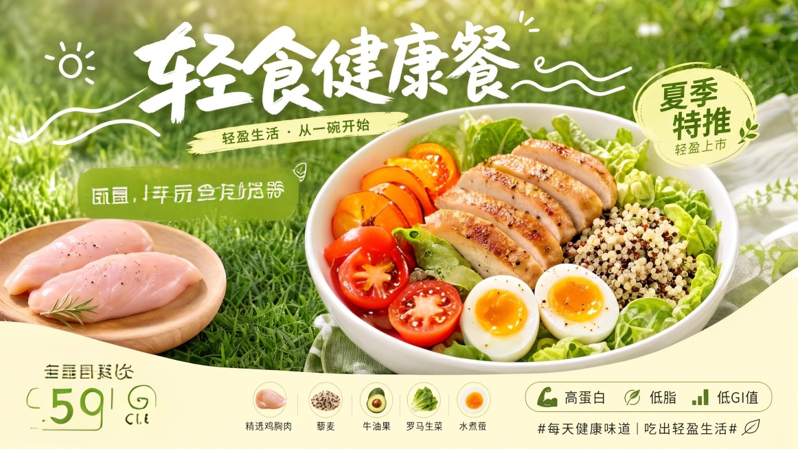 1、请将图片的南瓜、番茄做成可食用比较有食欲的制作烹饪烤过的食物，看上去很有食欲感；
2、请把健康两个字去掉换做餐厅一楼健康档口售卖；
3、请将香煎鸡胸藜麦碗换成：优质蛋白、粗纤维、低脂、低油、低GI预览效果