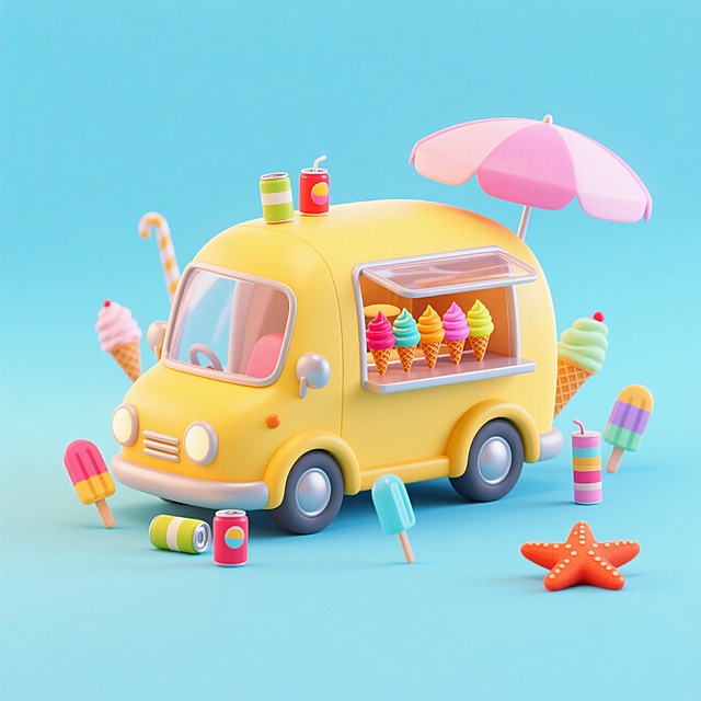 软3D风冰淇淋车，可爱卡通设计，色彩鲜艳，夏日清凉主题。