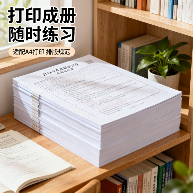 历届高考真题合集电商主图第九张，清新舒适学习风格，柔和自然光。画面展示打印好的真题试卷装订成册，放在书桌的书架上，旁边搭配其他备考资料和绿植。背景为温馨的书房场景。左上角标题「打印成册 随时练习」，下预览效果