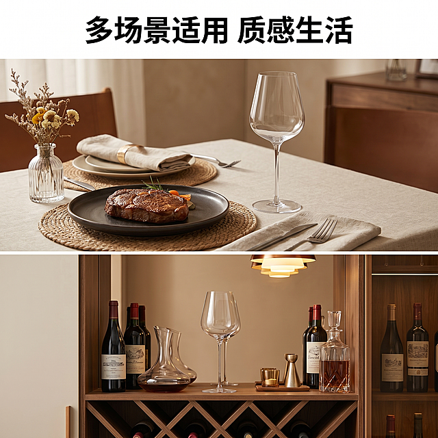 [主图 4] 水晶玻璃红酒杯多场景适用展示。[氛围风格] 轻奢温馨生活氛围感。[画质] 商业摄影质感，光线柔和通透，产品清晰真实，画面干净高级。[元素] 二宫格构图，分别展示两个使用场景：上图展示西餐厅餐桌上搭配牛排餐垫使用，下图展示家庭餐边柜酒架摆放，保持两只红酒杯外观均与输入产品图绝对一致，杜绝变形色差，整体场景干净整洁，轻奢风格统一。画面满屏无边框，每个场景占比均匀。[光影] 自然柔和室内光线，每个场景光影统一协调，突出玻璃通透质感。[配色] 整体低饱和度暖色调，场景搭配和谐不抢产品主体。[文字版式] 顶部通栏放置标题「多场景适用 质感生活」，黑色粗体居中。[比例分辨率] 1:1 比例，2k 分辨率，文字清晰锐利，超高清。[负向提示词] 变形，水印，文字错乱，产品图模糊，背景杂乱，文字遮挡主体，色差，风格不统一。