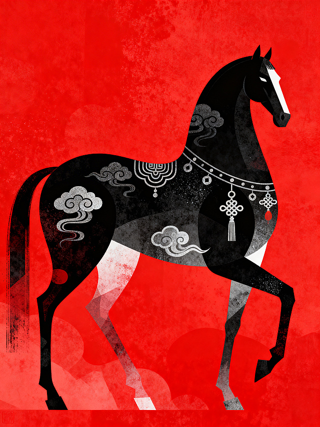 国潮风插画，剪影马身融合祥云与传统纹样，红黑对比强烈，噪点质感增强复古韵味，彰显中式喜庆与民族风情。