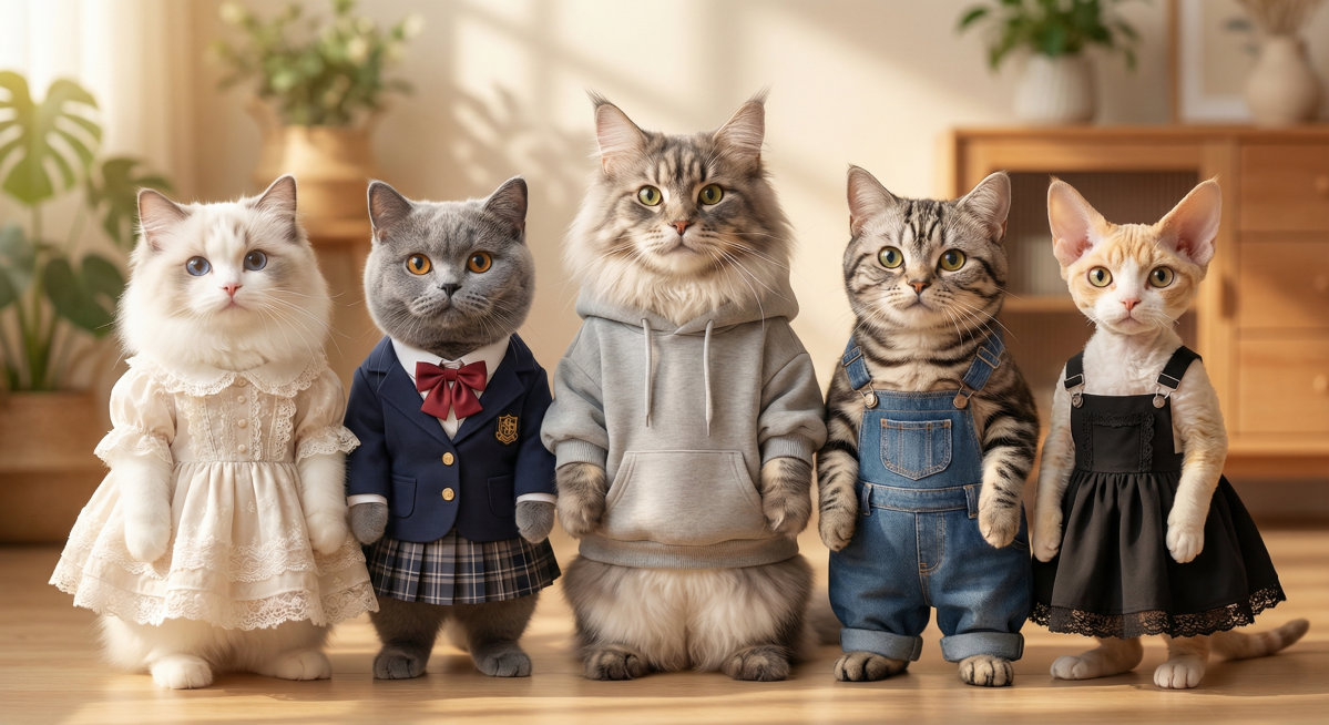 优化图片，让五只拟人化站立的猫咪更软萌可爱，符合大众审美：放大猫咪比例，缩小头部比例让脸型更圆润，毛发更蓬松柔软，表情更乖巧灵动，衣服更加精致合身，光影更柔和温暖，保持真实摄影质感，保持每只猫咪品种和预览效果